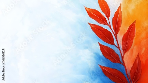 A painting of red leaves on a blue and orange background