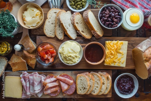 Delightful assortment of breads, cheeses, and accompaniments arranged on a rustic wooden table for an inviting meal experience photo