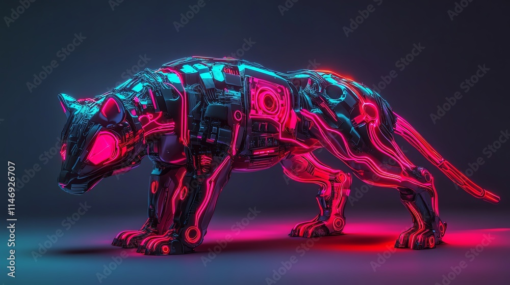 Fototapeta premium Futuristic robotic creature with neon colors and glowing details.