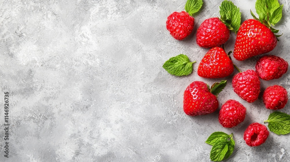 A bunch of ripe strawberries with mint leaves on a gray background A bunch of ripe strawberries with mint leaves on a gray background