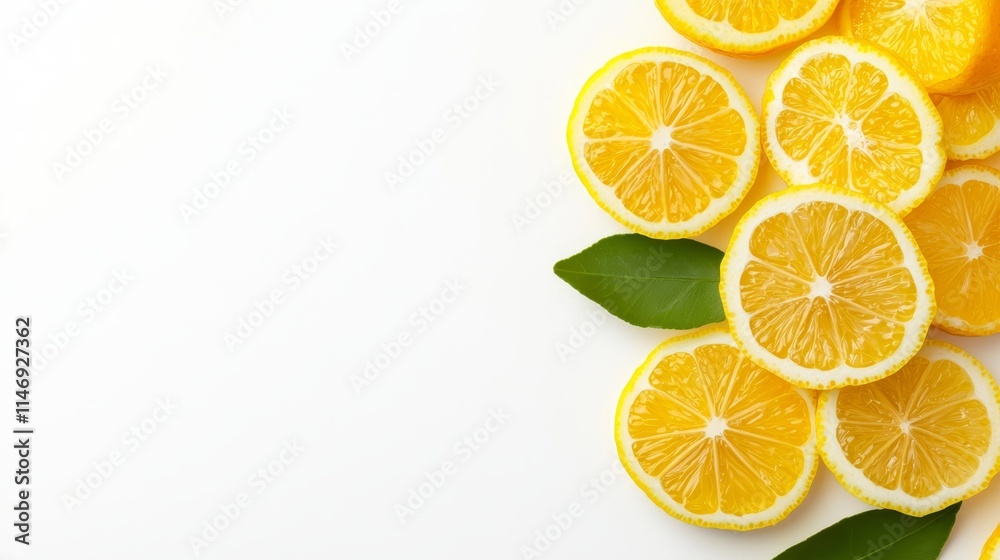 sliced lemons with leaves on a white background sliced lemons with leaves on a white background