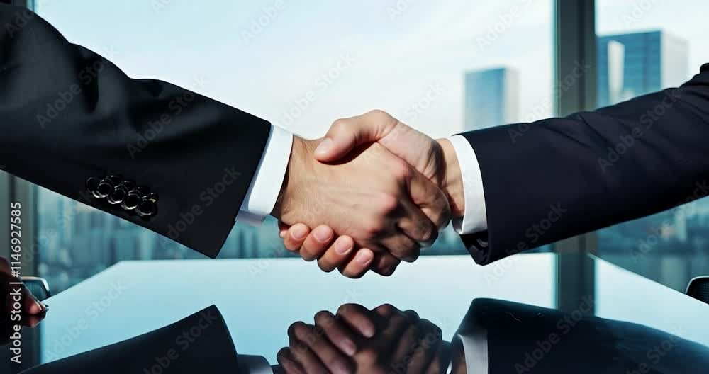 a boardroom, two executives firmly shake hands across a conference table, the camera capturing the gesture from a side angle, emphasizing their partnership and agreement a boardroom, two executives firmly shake hands across a conference table, the camera capturing the gesture from a side angle, emphasizing their partnership and agreement