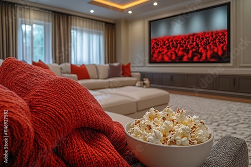 Cozy Living Room with Popcorn and Red Accents