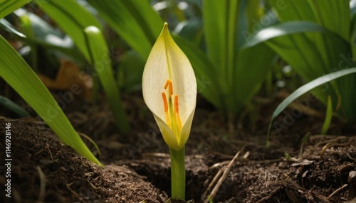 A cobra lily emerging from the ground, symbolizing growth and resilience. photo