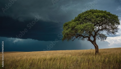 A lone acacia tree set against a dramatic stormy sky, capturing nature's beauty