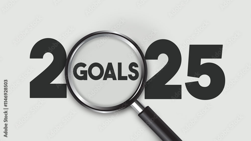 Happy new year 2025 with business concept. 2025 year number with Goals lettering inside magnifying glass on white blue background. Planning for goal and success concepts. New Year resolution Happy new year 2025 with business concept. 2025 year number with Goals lettering inside magnifying glass on white blue background. Planning for goal and success concepts. New Year resolution