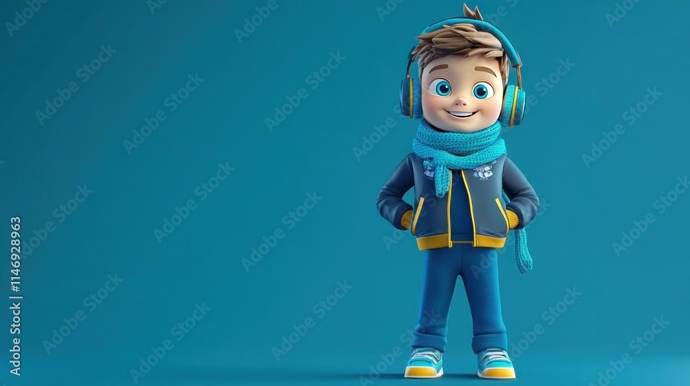 A 3D cartoon boy smiling brightly, sporting a stylish dark blue jacket with gold trim, blue pants, headphones, and a teal scarf. He stands in front of a light blue-colored background. A 3D cartoon boy smiling brightly, sporting a stylish dark blue jacket with gold trim, blue pants, headphones, and a teal scarf. He stands in front of a light blue-colored background.