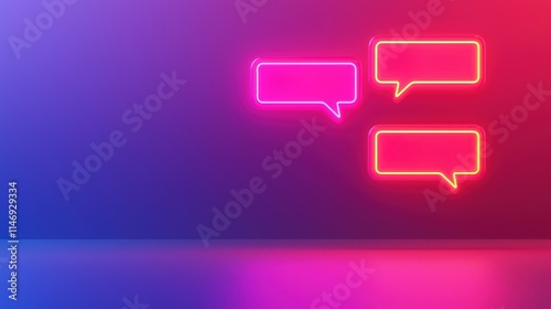 Neon Speech Bubbles in Bright Colors on Gradient Background for Digital Communication and Social Media Concepts, Ideal for Marketing and Modern Designs