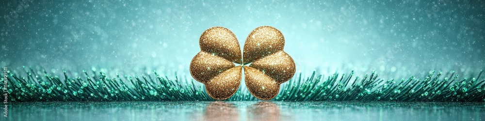 Naklejka premium Golden clover quartet against a shimmering turquoise background with artistic reflections, symbolizing luck, prosperity, nature's beauty, and elegance in fine art