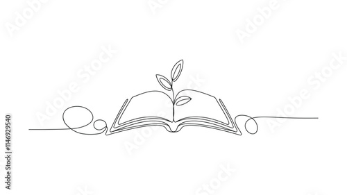 Continuous Line Drawing of Open Book with Growing Plant | Knowledge and Growth Concept Vector