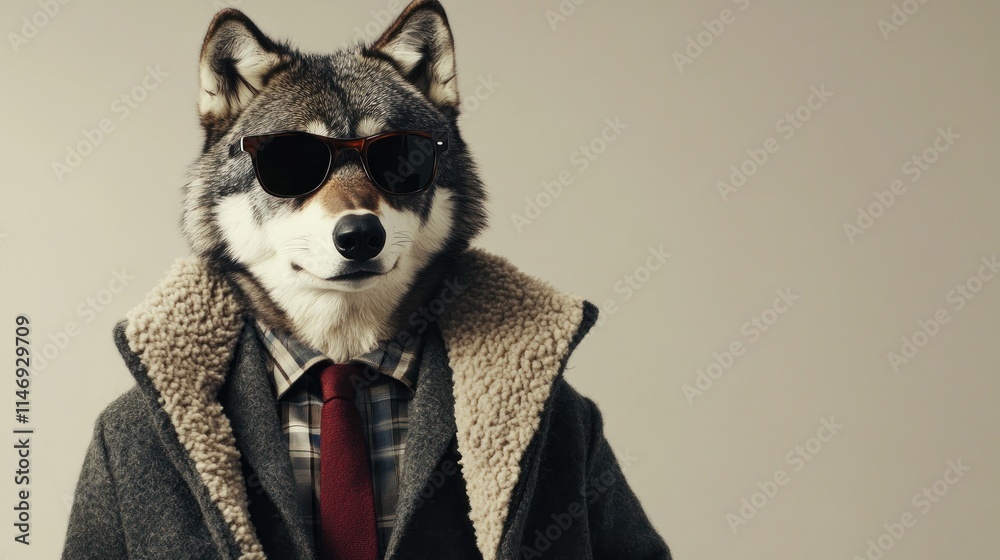 A fashionable wolf rocking a fleece wool jacket, stylish tie, and trendy sunglasses. A fashionable wolf rocking a fleece wool jacket, stylish tie, and trendy sunglasses.