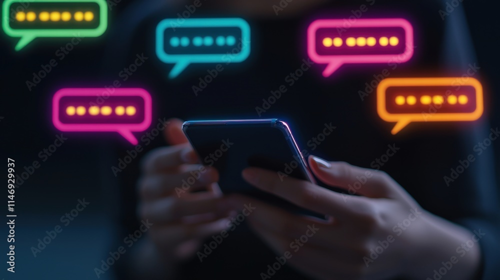 Close-Up of Hands Holding Smartphone with Colorful Chat Bubbles and Message Notifications in Dark Background for Modern Communication Concept Close-Up of Hands Holding Smartphone with Colorful Chat Bubbles and Message Notifications in Dark Background for Modern Communication Concept