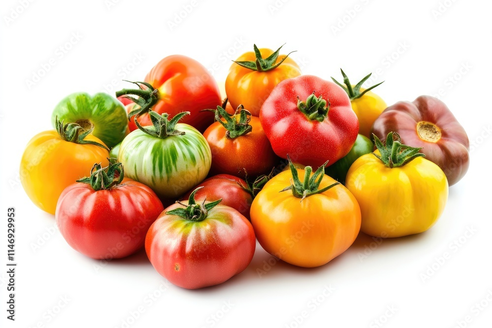 A pile of colorful heirloom tomatoes in red, yellow, and green, isolated on a white background A pile of colorful heirloom tomatoes in red, yellow, and green, isolated on a white background