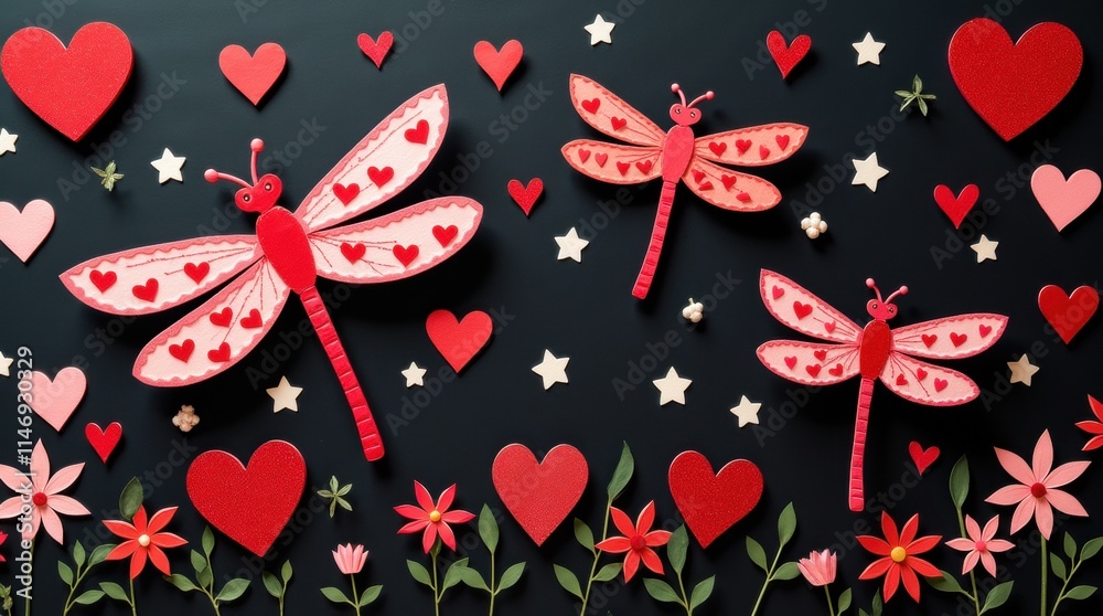 Fototapeta premium Romantic Valentine Dragonflies with Hearts on Dark Background
