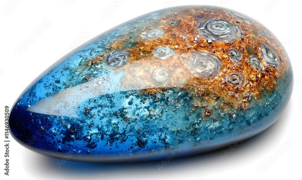 Glass tear drop sculpture with blue, brown, and silver swirls. Glass tear drop sculpture with blue, brown, and silver swirls.