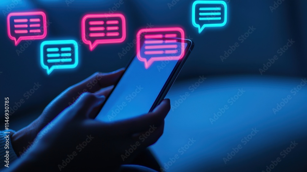 Close-up of Hands Holding a Smartphone with Colorful Chat Bubbles Signifying Digital Communication and Conversations in a Modern Living Space at Night Close-up of Hands Holding a Smartphone with Colorful Chat Bubbles Signifying Digital Communication and Conversations in a Modern Living Space at Night