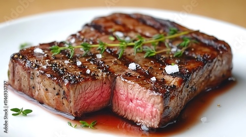 Elegant porterhouse steak dry aged barbecue sliced garnished with herbs and salt served on classic steak plate