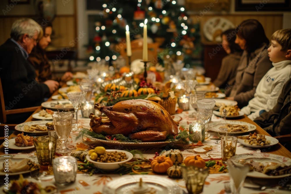 Celebration of Thanksgiving dinner with family gathering around a beautifully set table featuring a roasted turkey centerpiece and festive decorations Celebration of Thanksgiving dinner with family gathering around a beautifully set table featuring a roasted turkey centerpiece and festive decorations