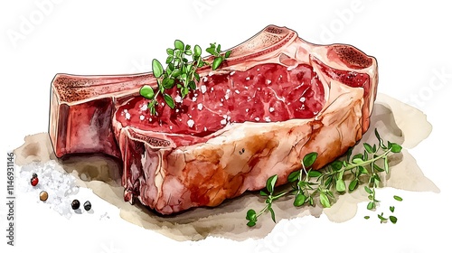 Gourmet barbecue porterhouse steak T bone sliced with fresh herbs and coarse salt American beef dining