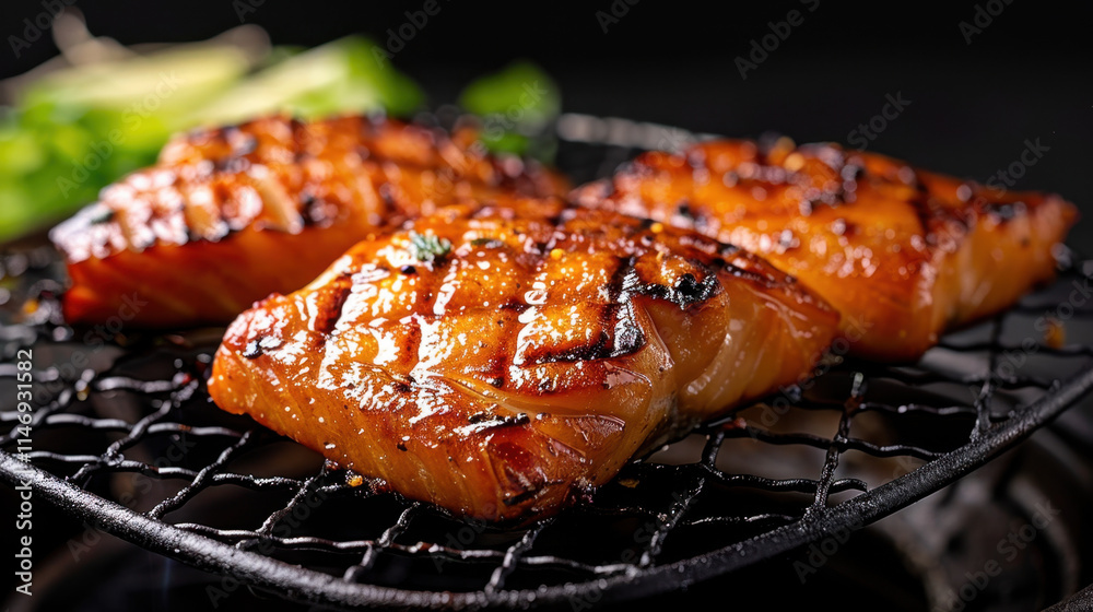 Close-up of perfectly grilled salmon fillets with a caramelized glaze, served on a wire grill, showcasing a smoky and savory appeal.
Close-up of perfectly grilled salmon fillets with a caramelized glaze, served on a wire grill, showcasing a smoky and savory appeal.