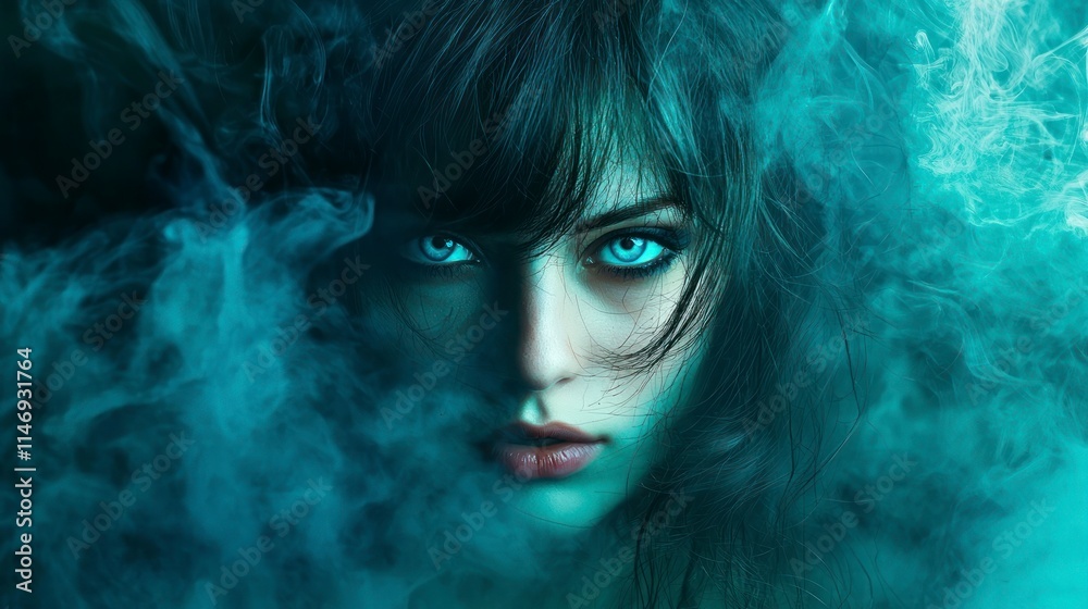 Fantasy portrait of a beautiful woman with blue eyes and smoke in her hair Fantasy portrait of a beautiful woman with blue eyes and smoke in her hair