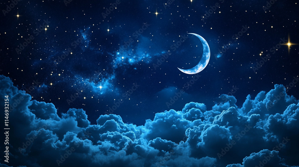 Fototapeta premium night landscape with moon and stars and various clouds, night view of starry sky with stars and moon, night background of sky, sky background in night.