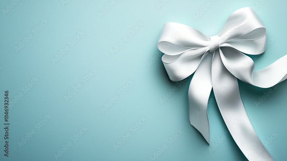 A white ribbon tied in a bow on a blue background A white ribbon tied in a bow on a blue background