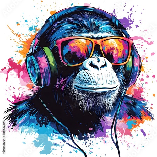 Gorilla in Sunglasses and Headphones with Abstract Splash Art. Stylish gorilla wearing sunglasses and headphones surrounded by a colorful splatter art background