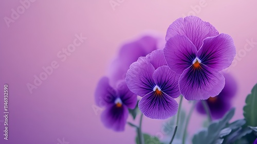 Purple pansies on a soft violet gradient background, close-up shot, Minimalist style