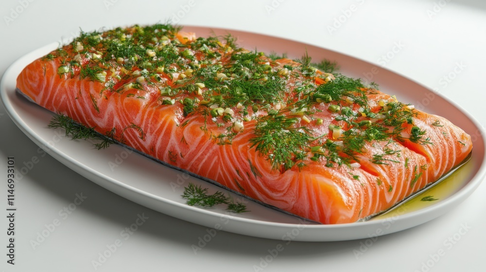 Fresh salmon fillet seasoned with herbs on a plate. Fresh salmon fillet seasoned with herbs on a plate.