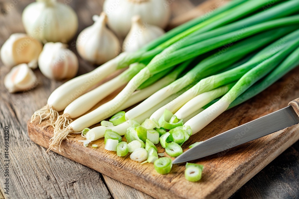 Freshly chopped green onions and garlic cloves on a rustic wooden cutting board