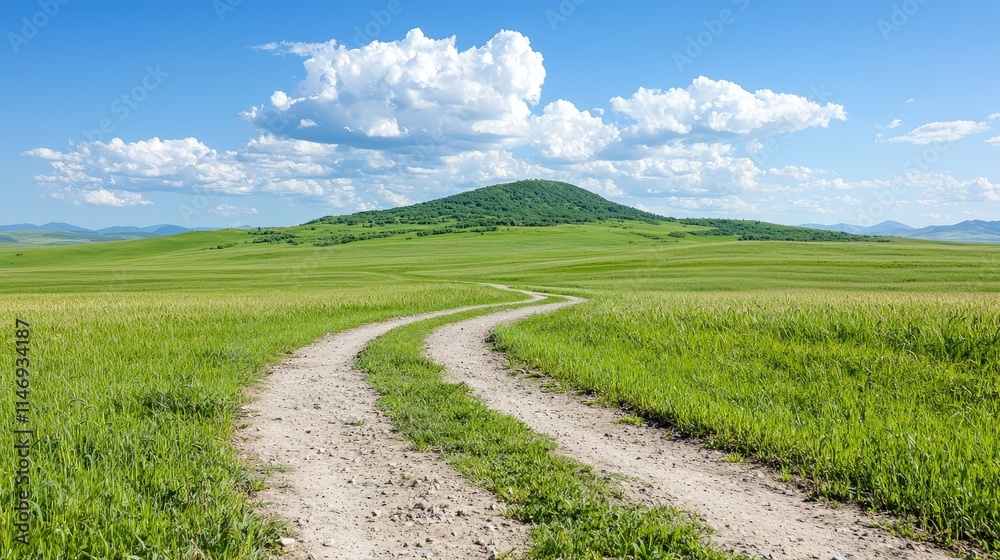 Winding dirt road through grassy field leading to a hill under a blue sky with clouds. Winding dirt road through grassy field leading to a hill under a blue sky with clouds.