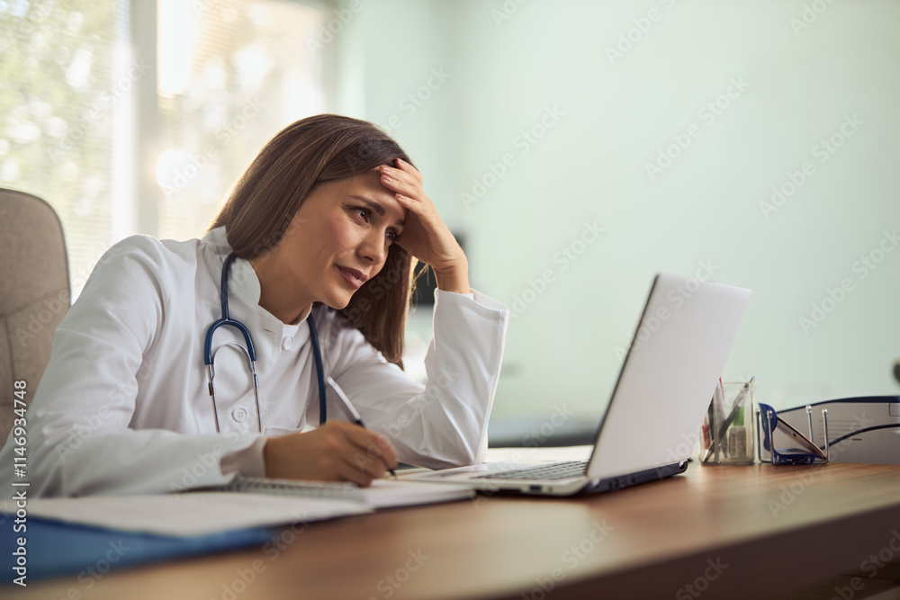 Displeased female doctor working on laptop in the office. Displeased female doctor working on laptop in the office.