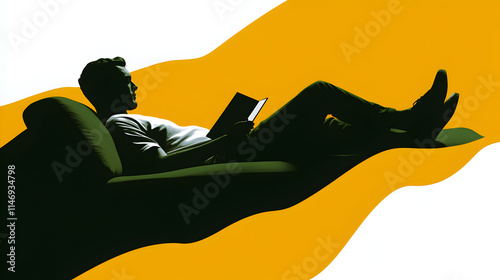 An abstract design of a person lounging on a couch with a book, symbolizing downtime and relaxation. Lounging with book.