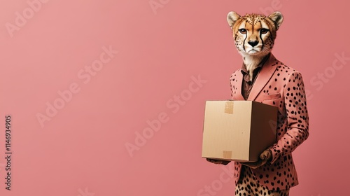 A fashionable cheetah dressed in a delivery courier suit, expertly holding a cardboard box and interpreting the role of a parcel courier.