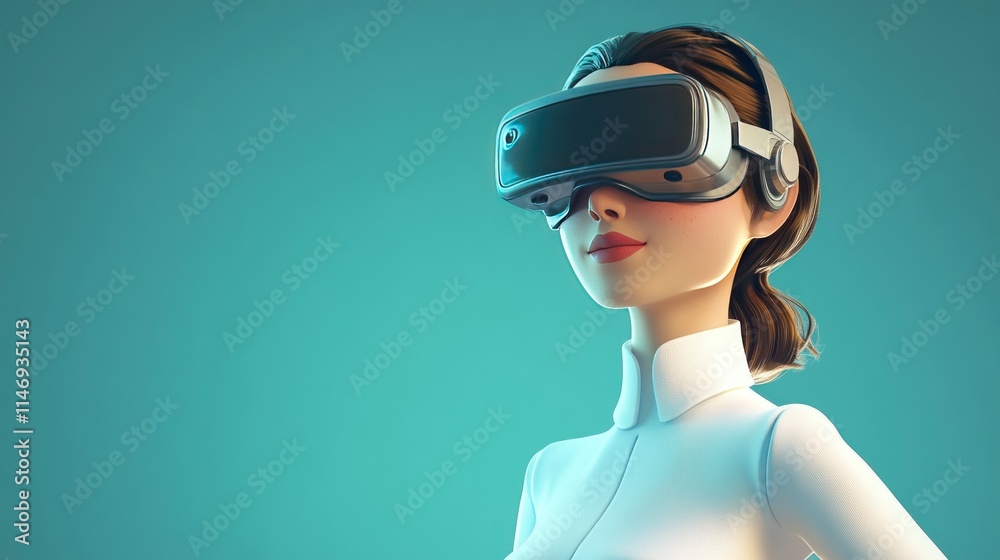 3D cartoon character of a woman in a white shirt, equipped with a pair of advanced virtual reality goggles, 3D cartoon character of a woman in a white shirt, equipped with a pair of advanced virtual reality goggles,