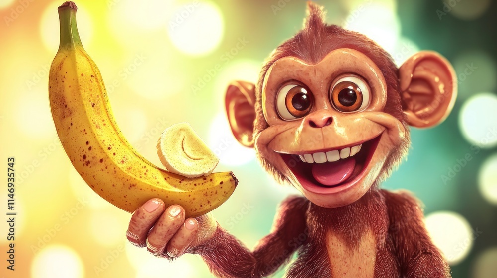 3D cartoon monkey with a wide grin, holding a peeled banana in one hand, set against a soft, colorful background. 3D cartoon monkey with a wide grin, holding a peeled banana in one hand, set against a soft, colorful background.