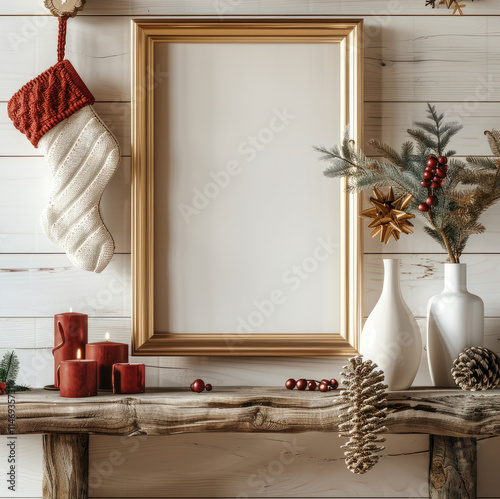 An empty gold picture frame hanging on a white shiplap wall, with subtle Christmas decor: a small vase, a pair of red candles, and a cozy knit stocking hanging from a wooden shelf. photo