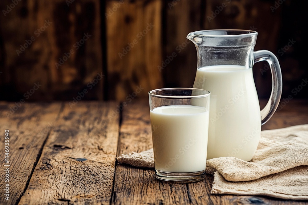 Fresh milk served in a rustic setting with a wooden background and simple elegance Fresh milk served in a rustic setting with a wooden background and simple elegance