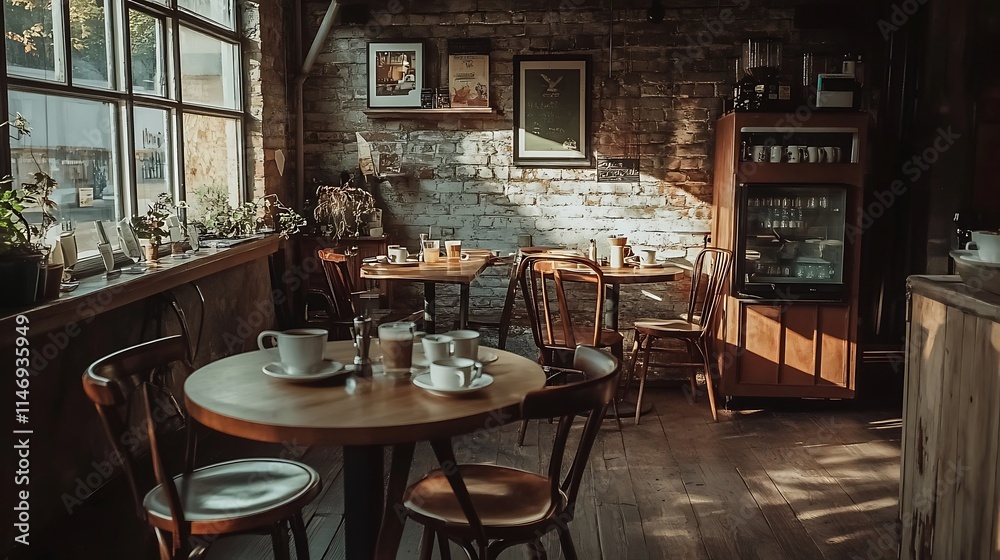 A Warm and Cozy Cafe Interior with Wooden Tables and Chairs A Warm and Cozy Cafe Interior with Wooden Tables and Chairs