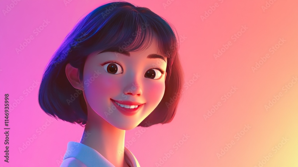 3D cartoon character of a young Asian woman with short hair, wearing casual, trendy clothing. 3D cartoon character of a young Asian woman with short hair, wearing casual, trendy clothing.