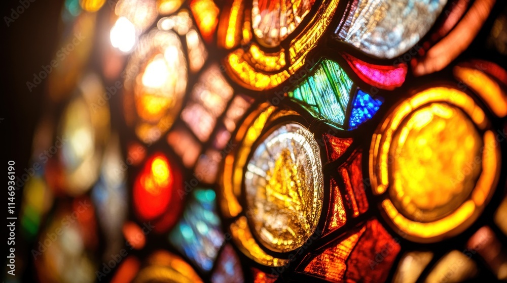 Close-up of vibrant, multicolored stained glass window, showcasing intricate details and light diffusion. Close-up of vibrant, multicolored stained glass window, showcasing intricate details and light diffusion.