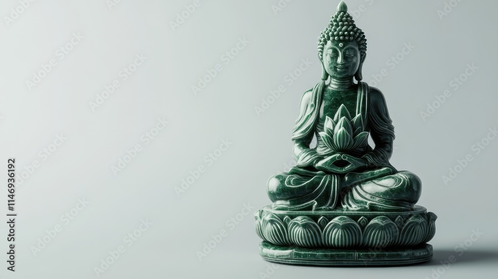 3D jade statue of Buddha holding a lotus, intricately carved and displayed on a plain white backdrop.