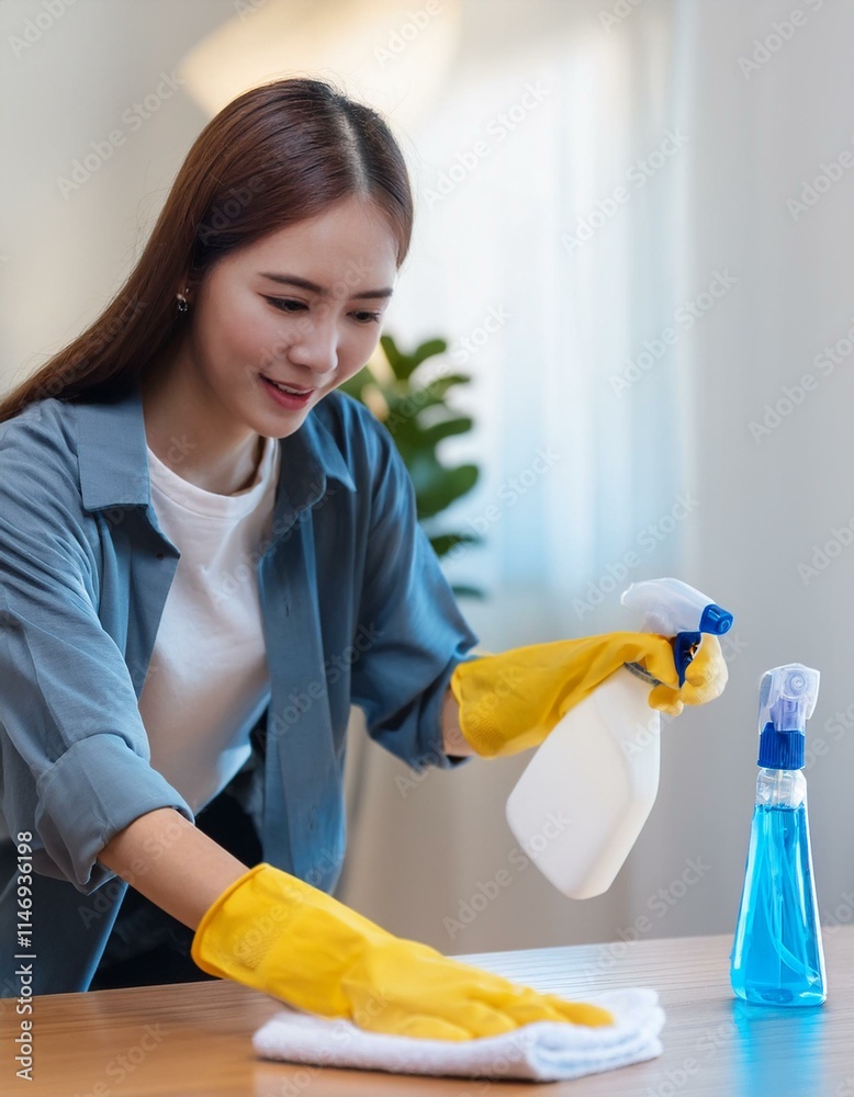 Generated image Cleanliness asian young woman working chore cleaning on table at home, hand wearing gloves Generated image Cleanliness asian young woman working chore cleaning on table at home, hand wearing gloves