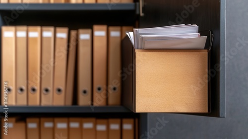 Tax submit finance records concept. A close-up view of a folder storage system, featuring labeled boxes and organized files on a shelf, highlighting an efficient office setup.