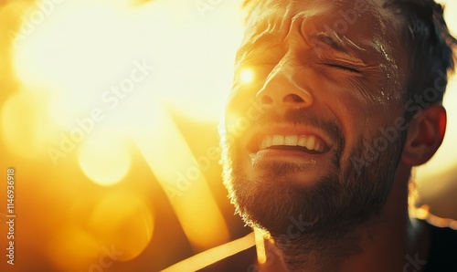 Man crying tears of happiness, his expression unguarded and pure, bright sunlight reflecting his joy and emotion, a blurred background, . photo