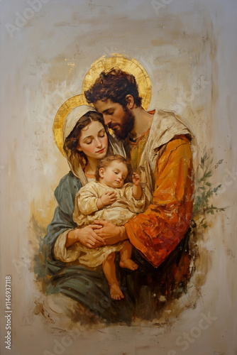 Mary and Joseph holding baby Jesus Christ. Classic wall painting of Holy family. Fresco with Maria, Joseph and Jesus.