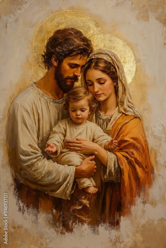 Virgin Mary and Saint Joseph holding baby Jesus Christ. Classic oil painting of Holy family. For vertical card, banner, religious Christian print