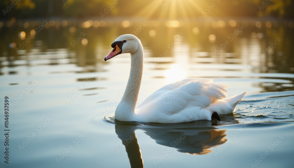 Majestic swan glides across tranquil lake at sunrise, reflecting beauty of nature in golden light Majestic swan glides across tranquil lake at sunrise, reflecting beauty of nature in golden light