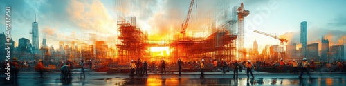 Vibrant cityscape with construction workers at sunrise.